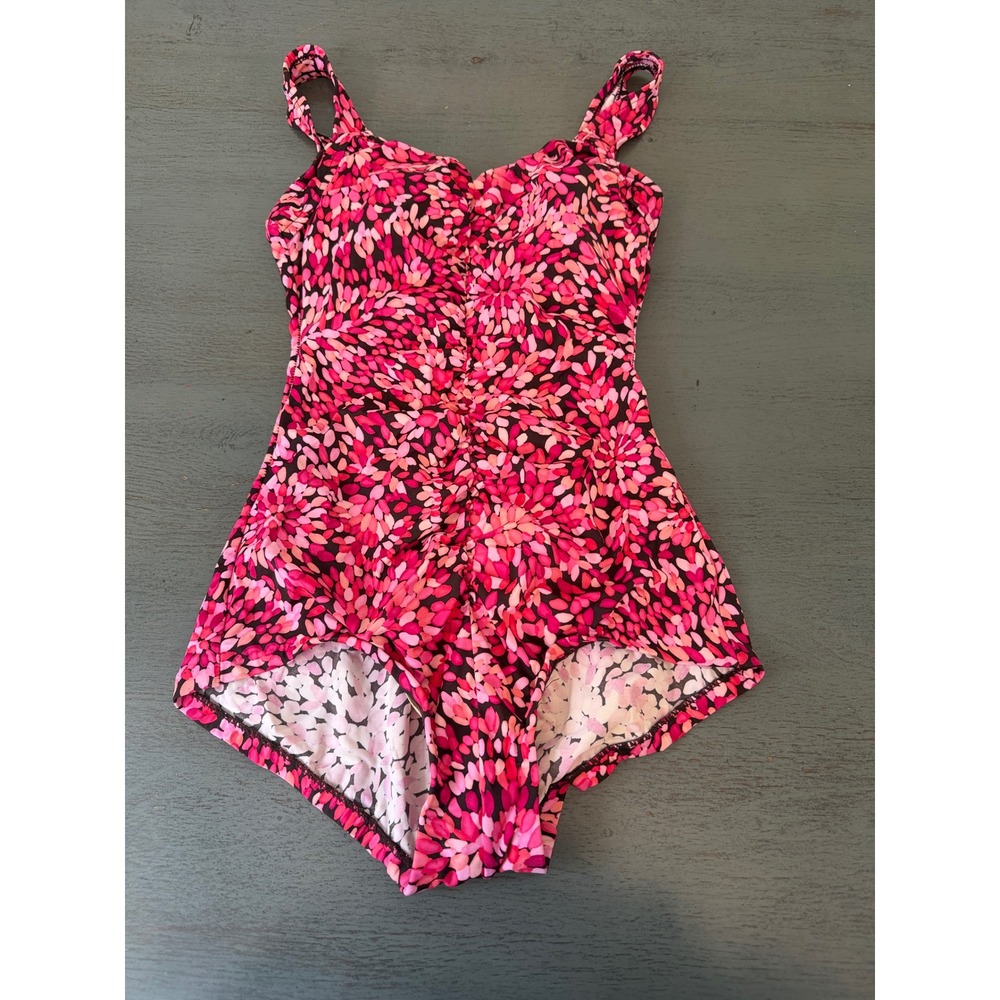 Miraclesuit Pink Floral One Piece Swimsuit Ruched Tummy Control Size 12 MM28K20